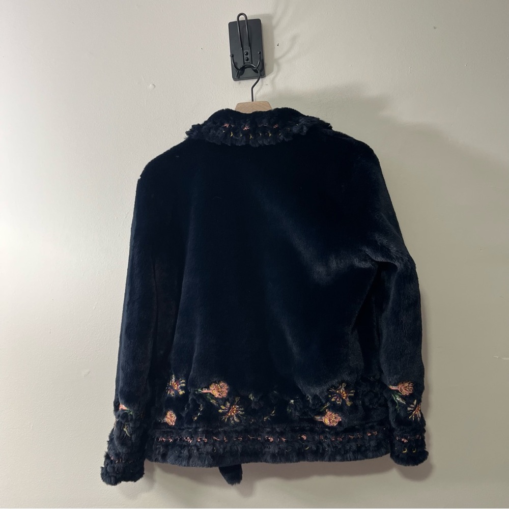 Zara Midnight Navy Embroidered Floral Plush Coat Boho Folk Romantic Faux Fur - Picture 7 of 14